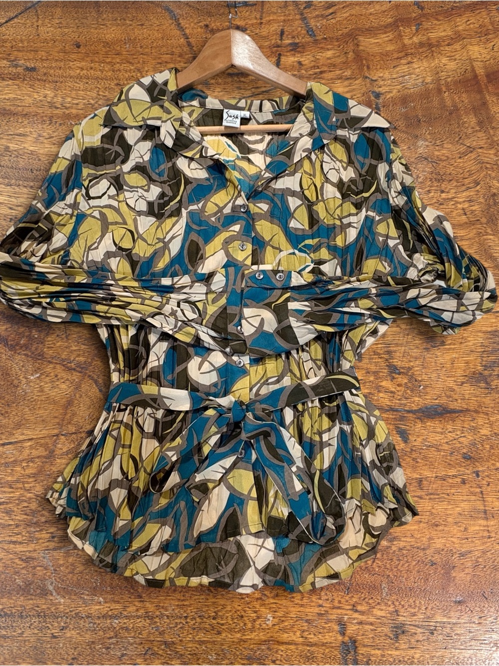 Sash Vintage Pleated Button Down Blouse Blue Green Abstract Pattern Belted XL